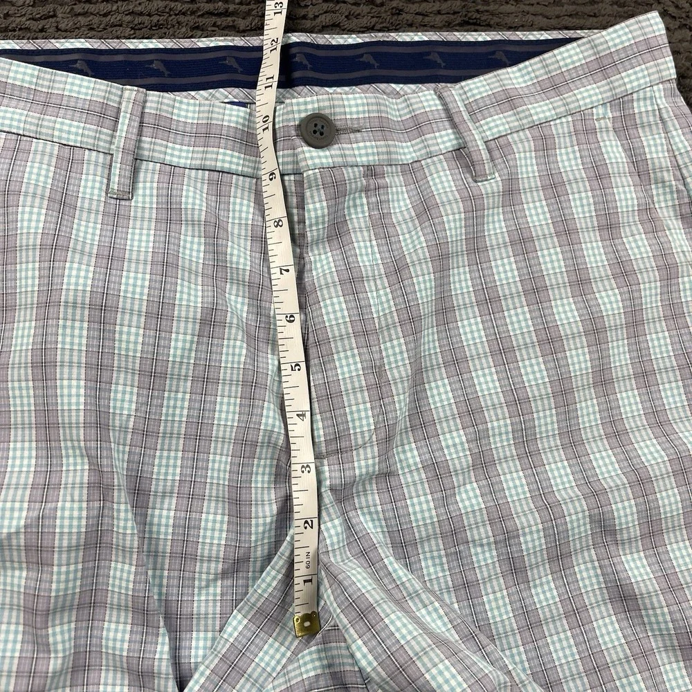 Tommy Bahama Mens 34 Shorts Green Plaid Check Nylon Spandex Blend Stretch Casual